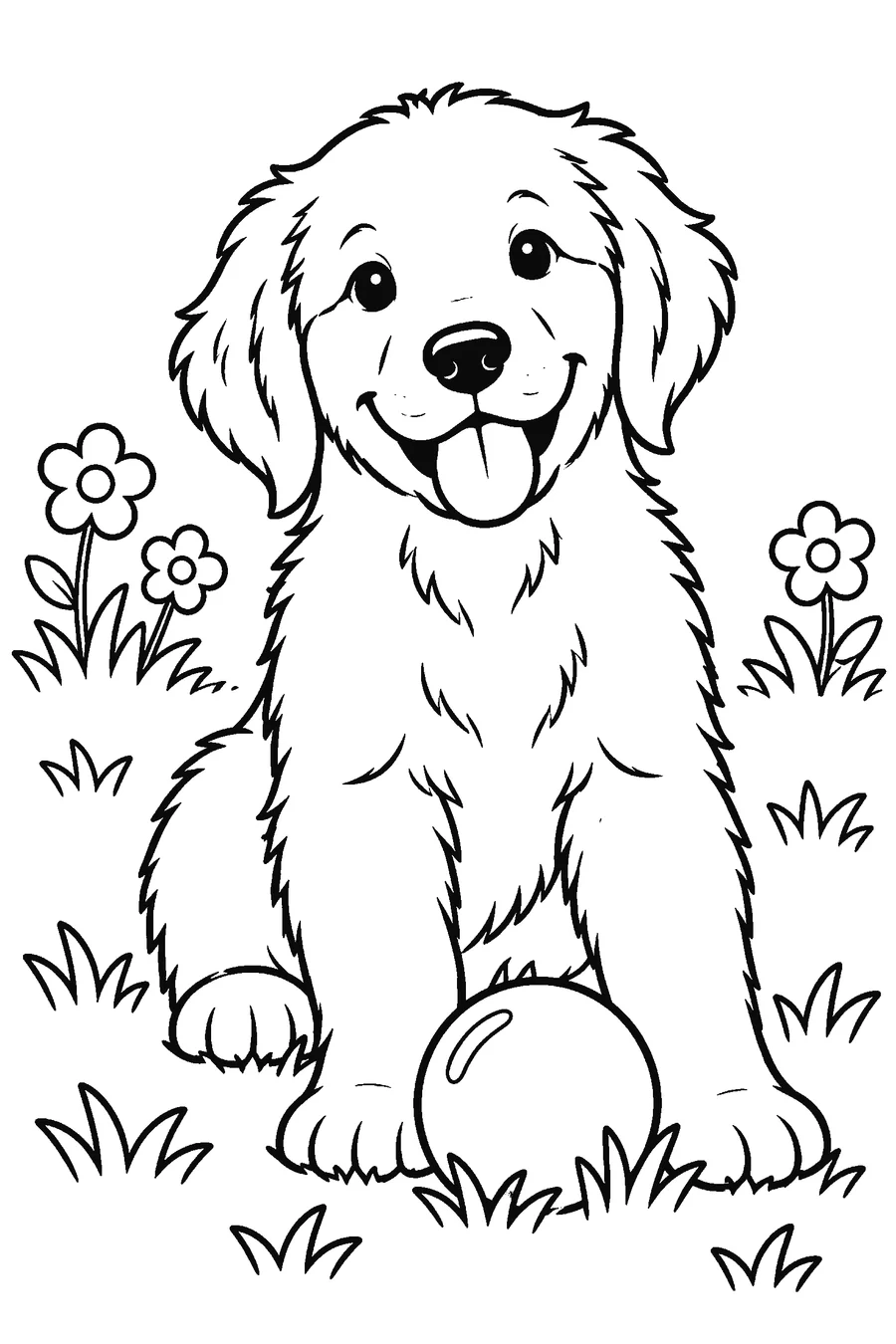 Coloring page made from the photo: golden retriever puppy with a ball
