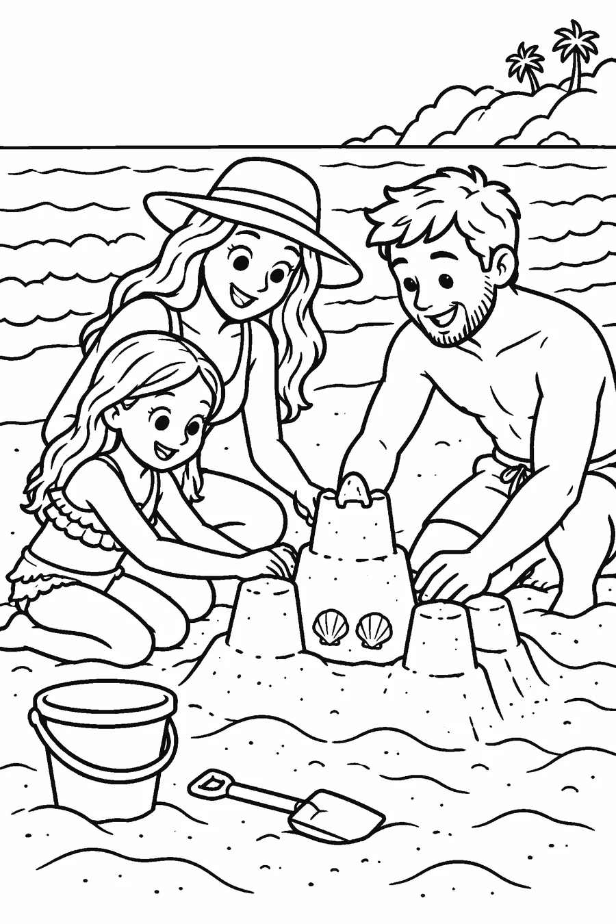 Coloring page made from the photo: a family building a sandcastle