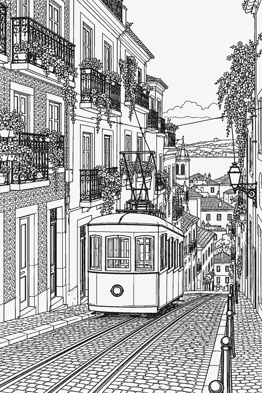Coloring page made from the photo: a yellow tram on an old city street
