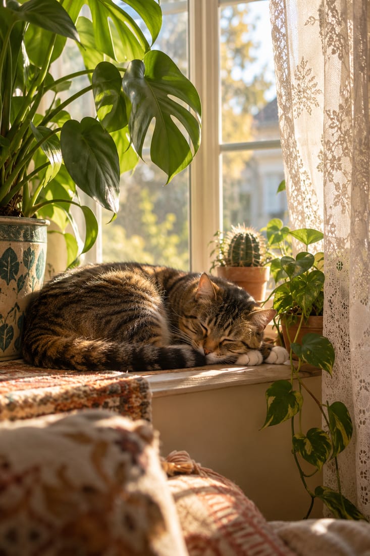 Photo: a tabby cat on a sunny windowsill