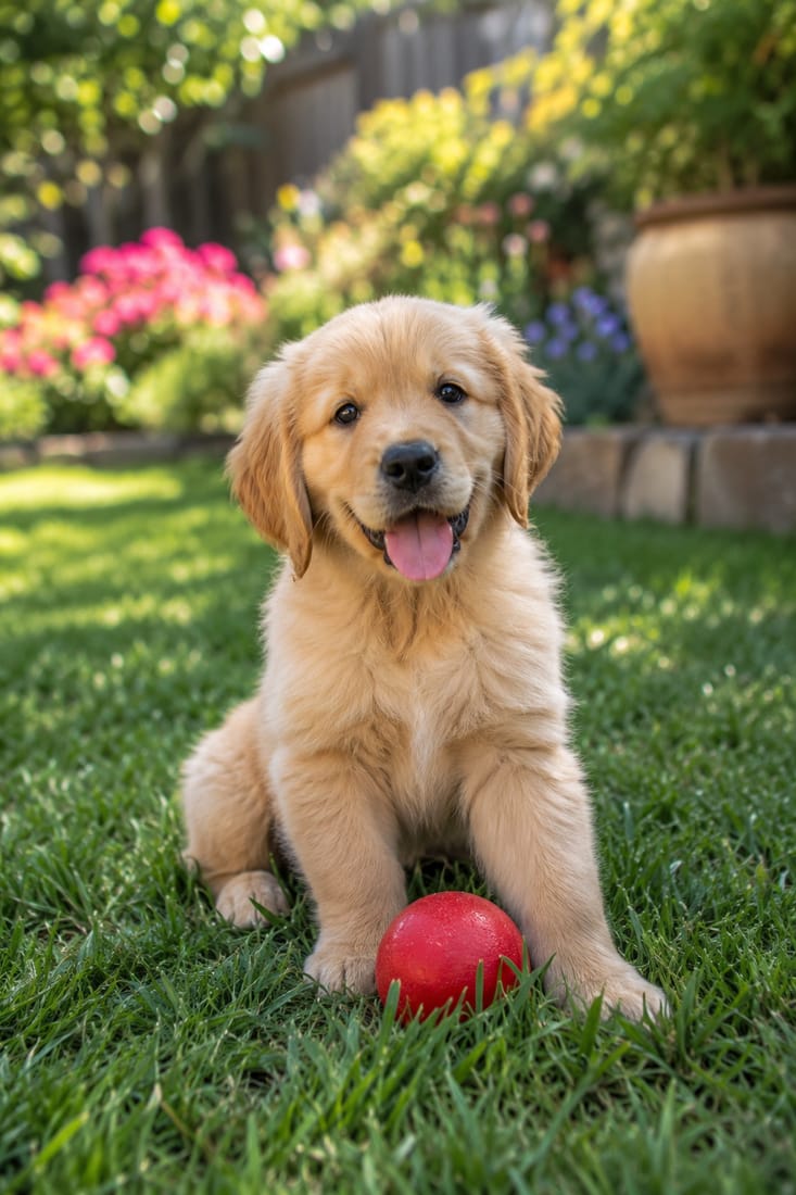 Photo: golden retriever puppy with a ball