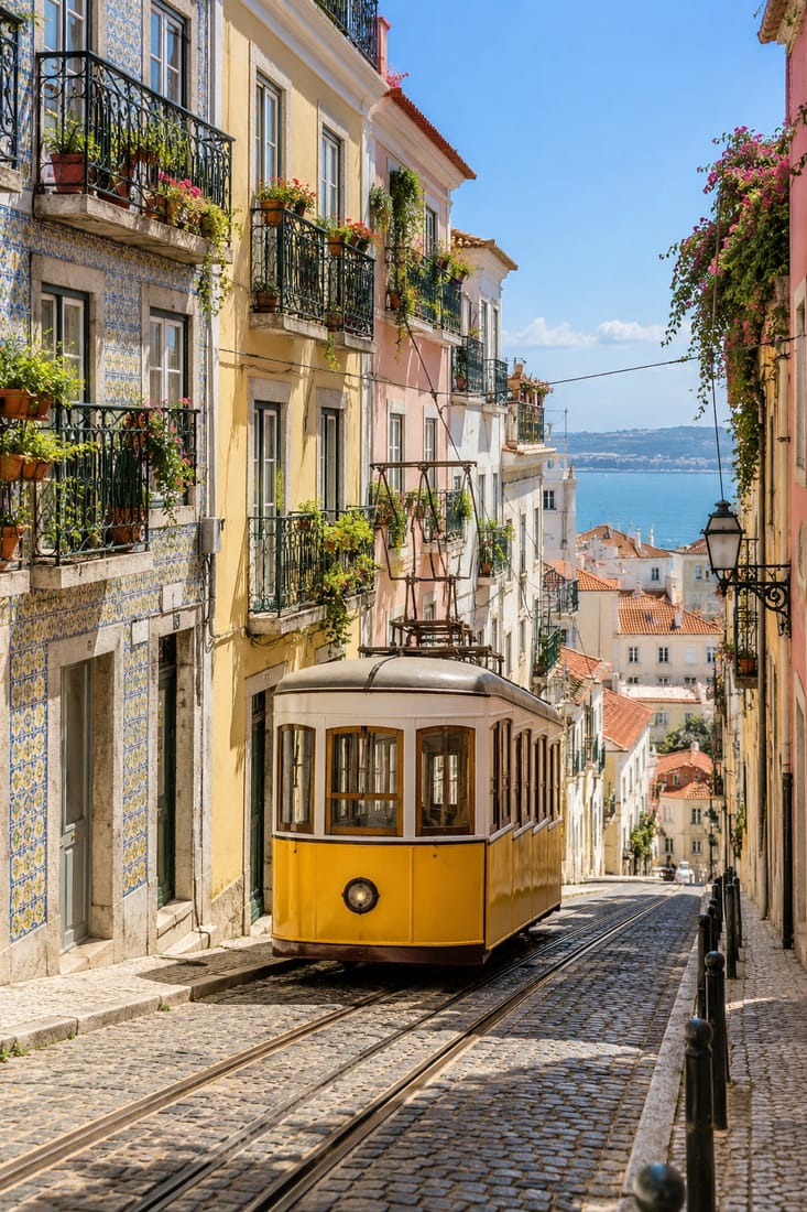 Photo: a yellow tram on an old city street